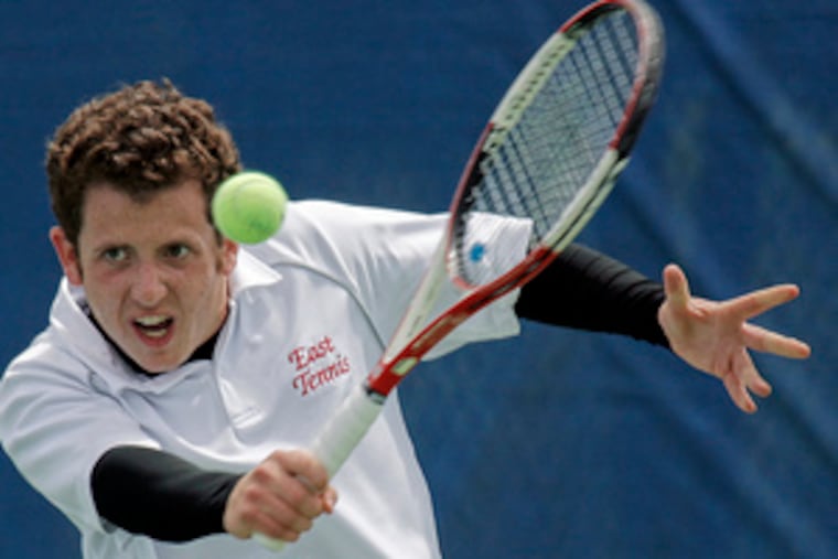 Ross Silverberg of Cherry Hill East returns against Ridgewood's Chris Hu during yesterday's Group 4 semifinal. Silverberg and Hu split the match, 7-5, 1-1.