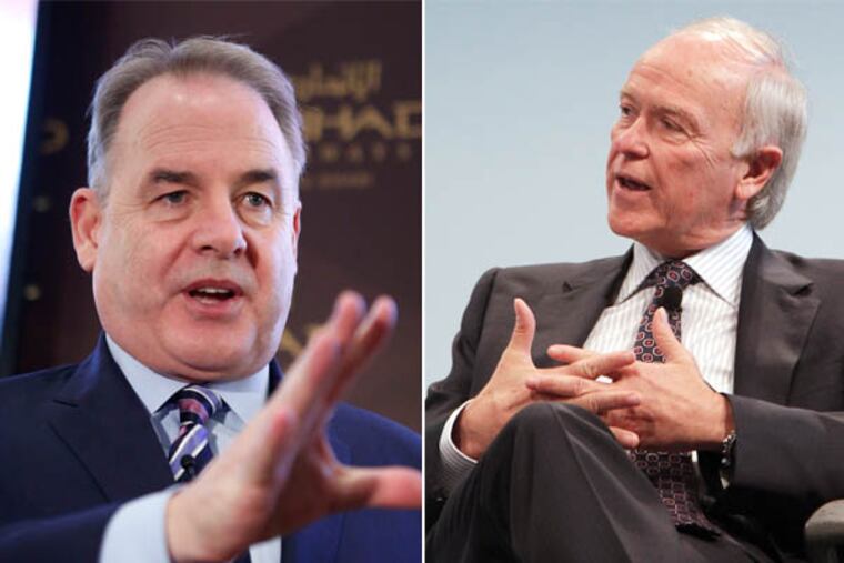 Jim Hogan, CEO of Etihad Airways, and Tim Clark, president of Emirates Airline. (Nadine Hutton/Alessia Pierdomenico/Bloomberg)
