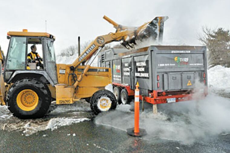 A worker in Baltimore loads snow into a snow melter that his city rented from a business in Ontario, Canada. A Philadelphia official said authorities here did not believe using a snow melter would be the best way to clear roads after the latest storm. (AMY DAVIS / Baltimore Sun)