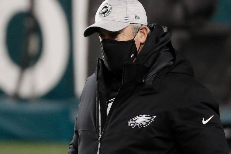 Eagles head coach Doug Pederson during team warms-up before the Eagles lost to the Washington Football Team on Sunday.