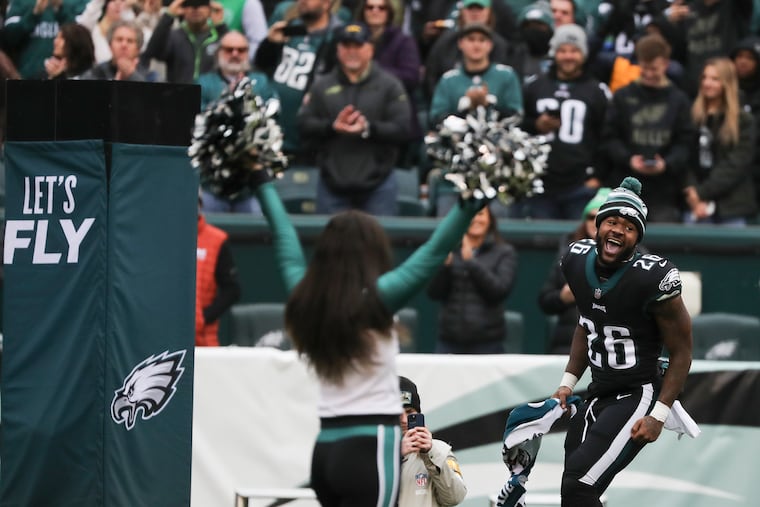 Philadelphia Eagles running back Miles Sanders (26) is introduced before a game against the New Orleans Saints at Lincoln Financial Field in South Philadelphia on Sunday, Nov. 21, 2021.
