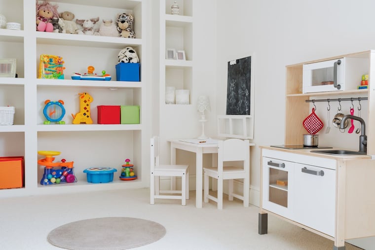 To keep your playroom organized, use a kindergarten classroom as a model of how to organize the space. Divide the room into activity zones like reading, floor play, dress-up, crafts.