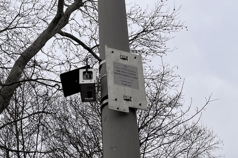 A solar-powered air quality sensor at Stinger Park in Grays Ferry. The weather-proof sensor is made by Clarity Movement Co. for a new network of real time air quality data available for Philadelphia residents.