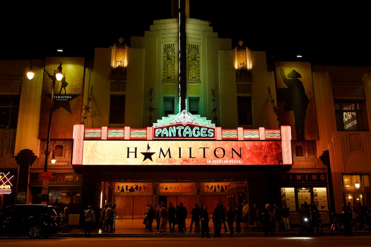 FILE - This Aug. 16, 2017 file photo shows The Pantages Theatre on the opening night of the Los Angeles run of "Hamilton: An American Musical" in Los Angeles. Chaos broke out during a performance of the musical "Hamilton" at San Francisco's Orpheum theater after audience members mistook a medical emergency for a shooting on Friday, Feb. 15, 2019.