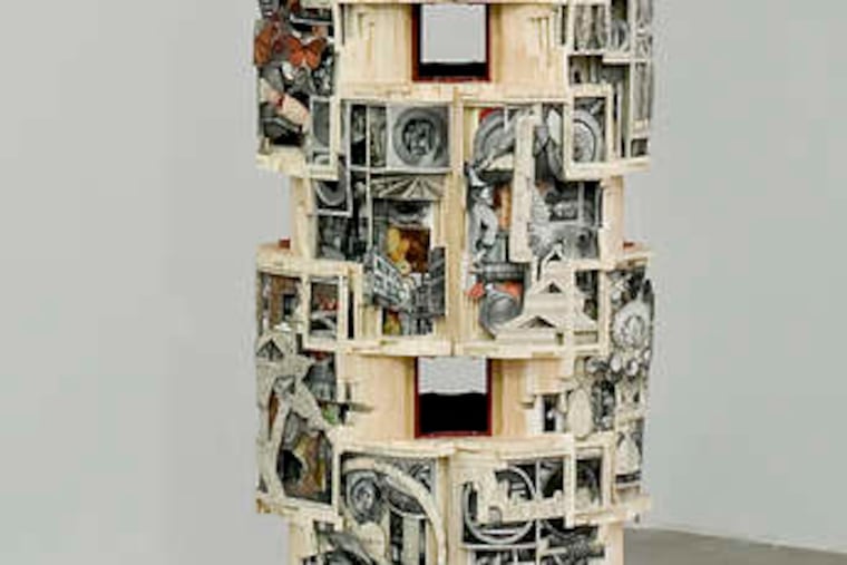 Brian Dettmer's "Tower I (Brittanica)" (2012), made with encyclopedias and acrylic varnish, is on display at Haverford College's Cantor Fitzgerald Gallery.