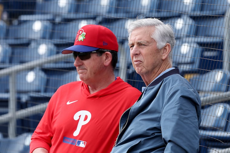 Phillies manager Rob Thomson (left) and president of baseball operations Dave Dombrowski will have few roster decisions to make over the next four weeks.