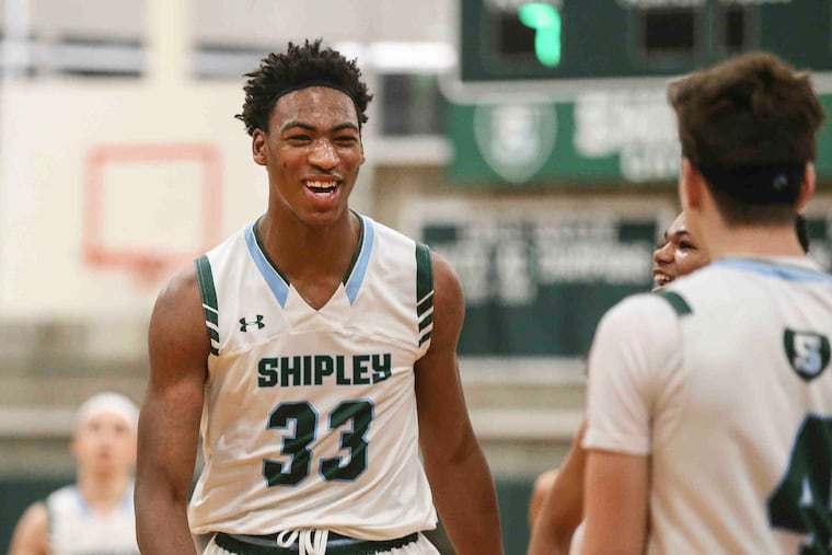 Shipley's Ray Somerville celebrates his dunk against Friends Central with teammates during the 2nd quarter in Bryn Mawr, Tuesday, January 9, 2018. Shipley beats Friends Central 68-61. ( STEVEN M. FALK / Staff Photographer )
