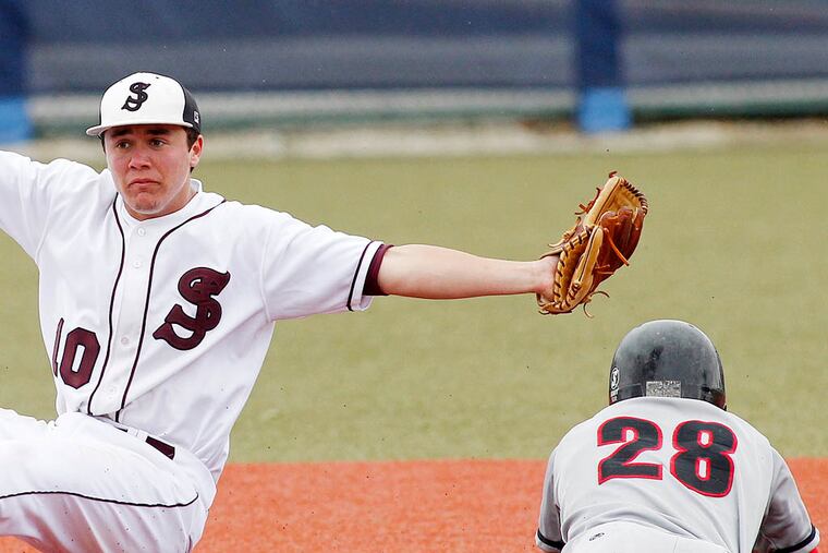 St. Joe’s Prep second baseman Frank Santore can’t get a tag on Archbishop Ryan’s Bob Romano. ( ALEJANDRO A. ALVAREZ / STAFF PHOTOGRAPHER )