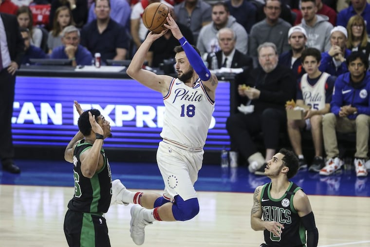 Shane Larkin (right) has been tasked with guarding Marco Belinelli (center) and JJ Redick during the Celtics’ series. He’ll be out for Game 5.