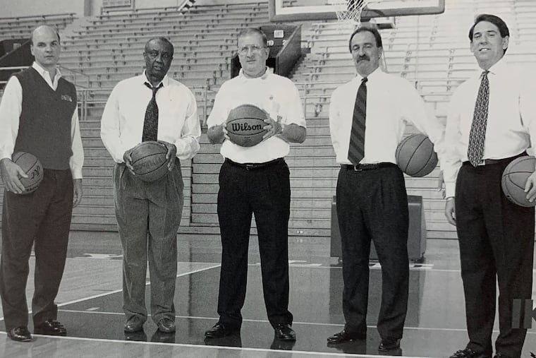 Former Big 5 coaches Bill Herrion, Phil Martelli, John Chaney, Speedy Morris, Fran Dunphy, and Steve Lappas.