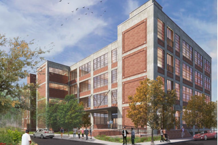 A rendering of the residential building that will replace a former factory at 3031-49 N. 21st St.