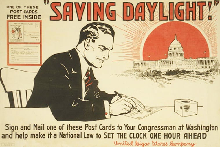 A poster from 1918 encourages citizens to write a postcard and lobby Congress in support of daylight saving time.