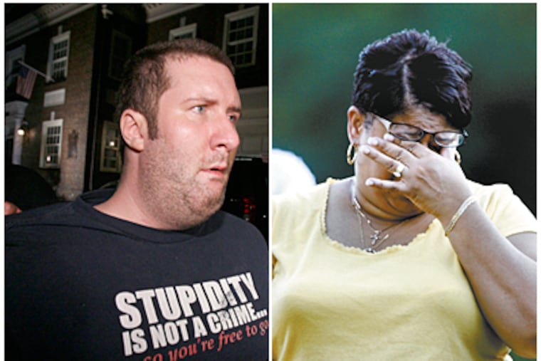 Robert Diamond, left, is accused of killing two book warehouse workers. Lorie Reid, right, cousin to victim Reggie Woodson. (Charles Fox / Inquirer)