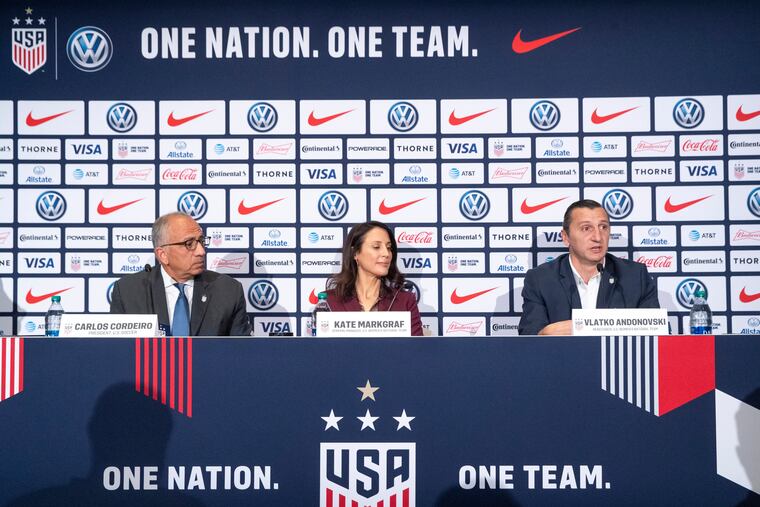 From left to right: U.S. Soccer Federation president Carlos Cordeiro, women's national team general manager Kate Markgraf, and new women's team head coach Vlatko Andonovski.