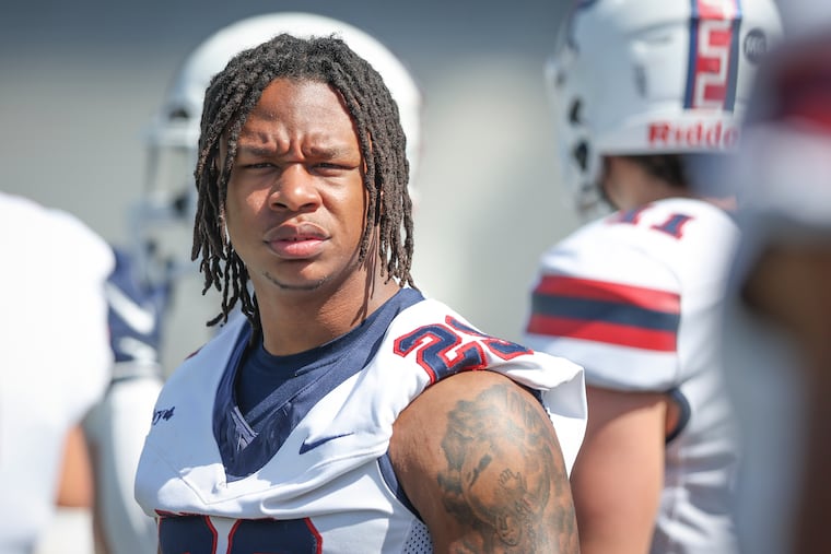 Penn running back Malachi Hosley watches the action from the sideline during the Quakers' spring game at Franklin Field on April 20.