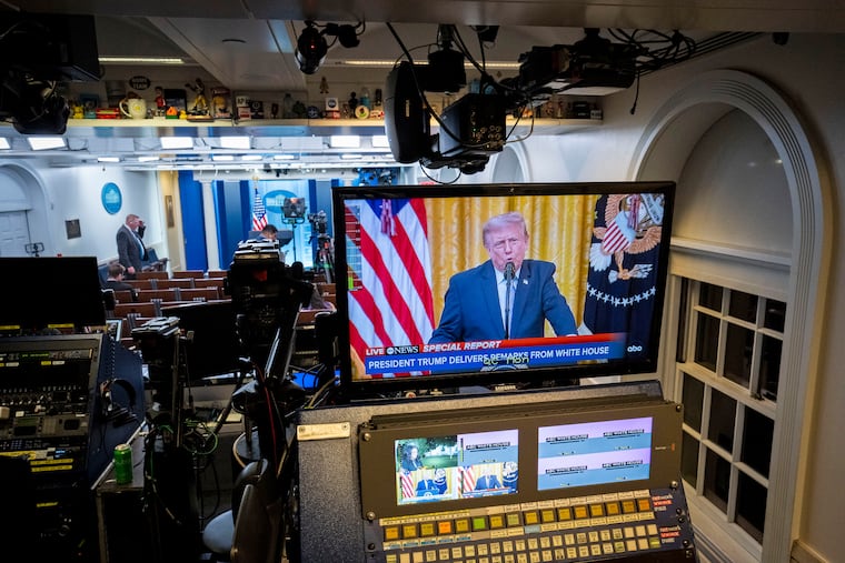 Video monitors in the White House briefing room in Washington carry a live feed of President Donald Trump as he addresses the nation on Thursday, July, 16, 2026. President Trump made at times outlandish claims about the safety of American voting systems in a White House address on Thursday night, drawing selectively from documents his aides published online to falsely claim elections were “rigged” and “stolen.”