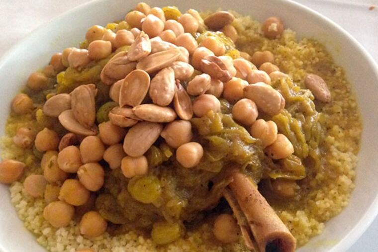 "Fassi" couscous with lamb shank, chickpeas and raisins from the Argana Tree restaurant in Jenkintown. (Craig LaBan/ staff)