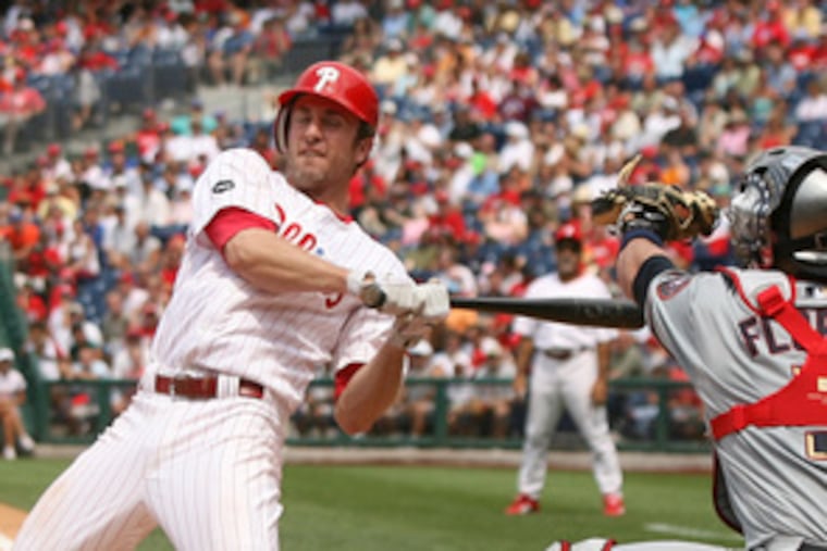 Chase Utley gets nailed by a pitch from the Nationals' John Lannan. "He's a big, big part of our offense," said manager Charlie Manuel. "He's a big part of our defense. He's a huge part of our team." Abraham Nuñez will take over at second base.