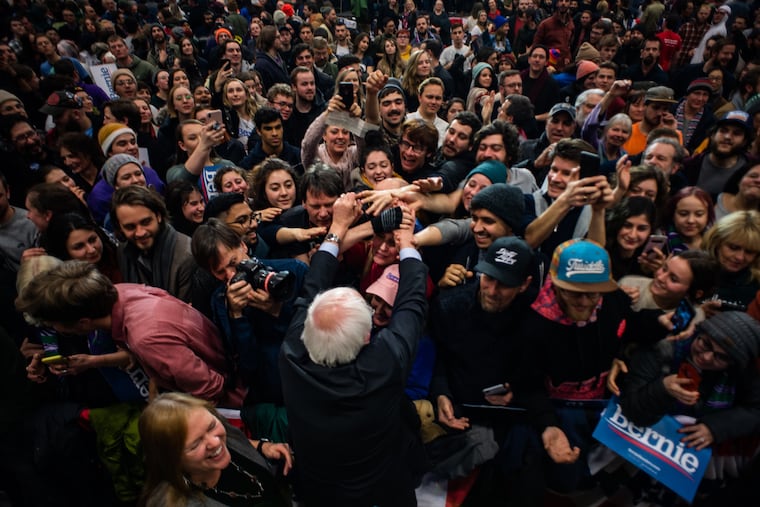 Sen. Bernie Sanders, I-Vt., greets supporters with his wife, Jane Sanders, after speaking at a concert rally at Keene State College in New Hampshire in early February.