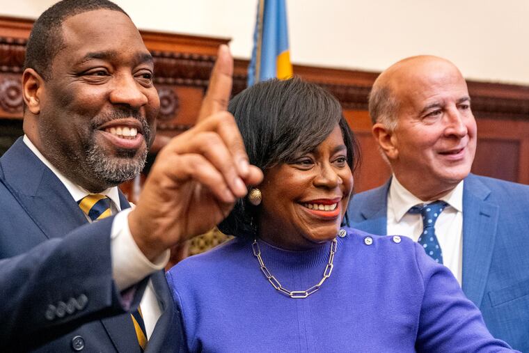 City Council President Kenyatta Johnson (from left) Mayor Cherelle L. Parker and councilmember Mark Squilla in the Mayor’s Reception Room at City Hall Thursday, Dec. 19, 2024 after Council gave final approval to the Sixers arena.