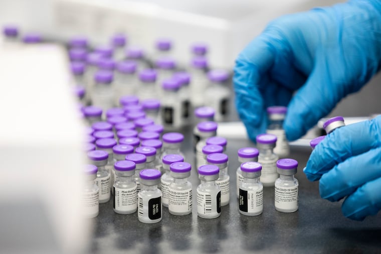 West Pharmaceutical Services Inc., based in Exton, says it is the world's largest manufacturer of rubber stoppers used to seal vials of vaccines and other injectable medicines. The company does not disclose the names of specific customers, but the company's CEO said West is "involved with basically all the vaccines that are in the market." Here vials of COVID-19 vaccine thaw before a vaccination clinic at the Skippack Fire Co. in Skippack, Pa. in February.