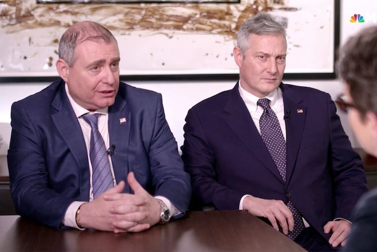 Rudy Giuliani associate Lev Parnas (left) during an interview with MSNBC's Rachel Maddow that aired Wednesday night. Parnas also sat for interviews on CNN and with the New York Times.