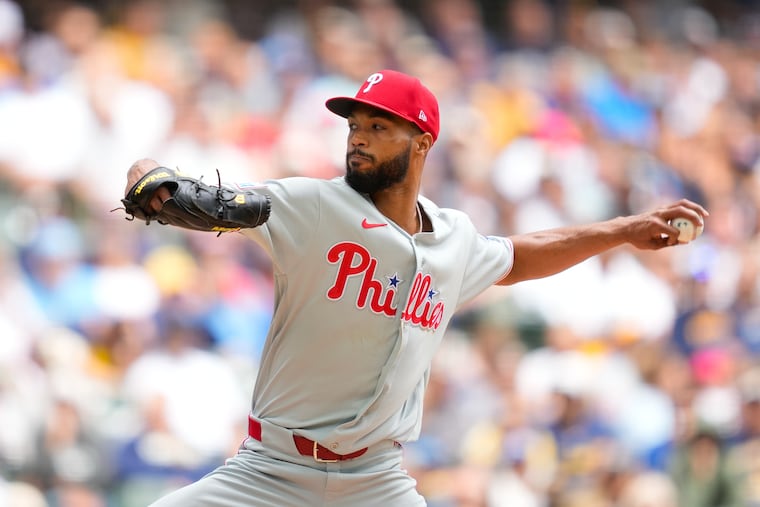Philadelphia Phillies pitcher Cristopher Sánchez throws during the second inning of a baseball game against the Milwaukee Brewers, Sunday, June 14, 2026, in Milwaukee. (AP Photo/Kayla Wolf)