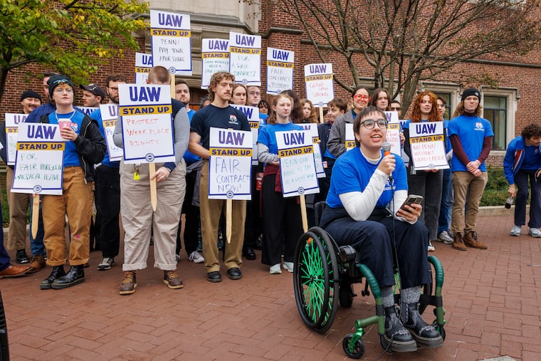 Katelyn Friedline, member of the bargaining committee, teaching assistant, and Ph.D. student, speaks during a union rally Nov. 3, where members of GETUP-UAW spoke about authorizing a strike.