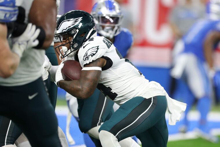 Philadelphia Eagles running back Kenneth Gainwell (14) on a touchdown run in the third quarter against Detroit Lions at Ford Field in Detroit, Mich. on Sunday, September 11, 2022. Eagles in the lead 31-14.