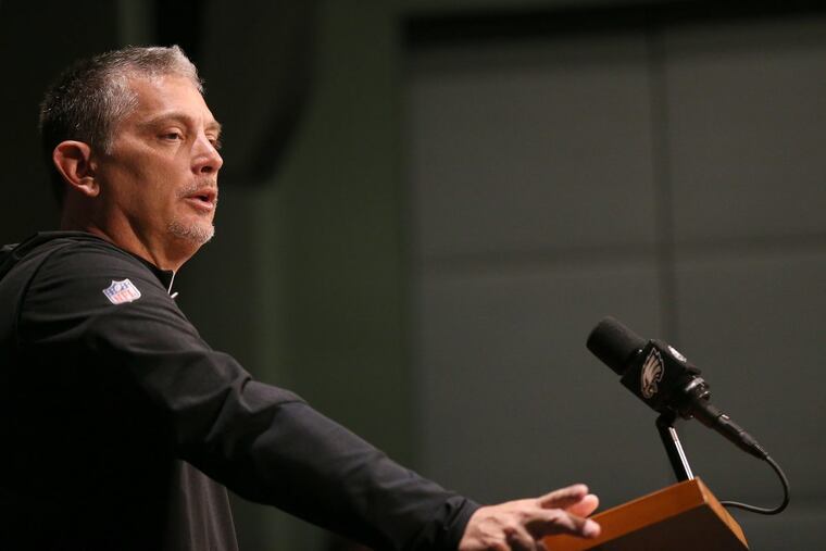 Eagles’ defensive coordinator Jim Schwartz talks to reporters before the Eagles hold OTA's at the NovaCare Complex in Philadelphia, PA on May 29, 2018. DAVID MAIALETTI / Staff Photographer