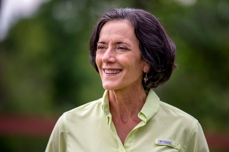 Val Arkoosh, chair of the Montgomery County Commissioners and a Pennsylvania Democratic Senate candidate, on Thursday at Shamrock Reins, a therapeutic horse-riding center in Pipersville, Pa.