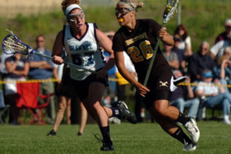 Moorestown's Alyssa Ogle scored seven goals, while Shawnee's Barb Previ (left) put up twoof her own in the sectional title game played at Shawnee.
