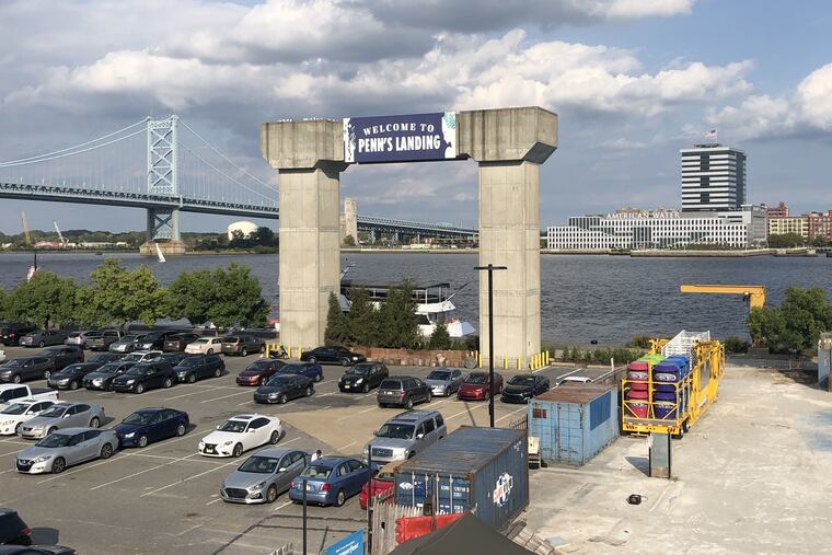 The Pi-shaped tower built for a never-realized tram proposal between the Philadelphia and New Jersey Delaware River waterfronts.