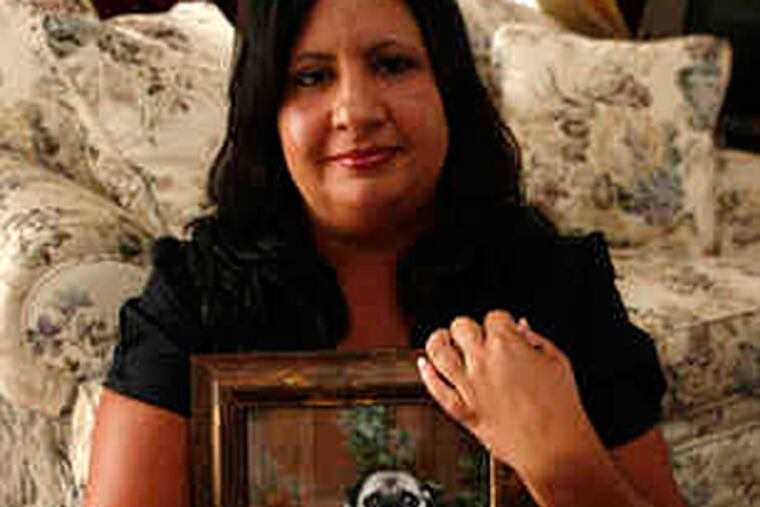 Doreen Houseman, of Williamstown, N.J., has only a portrait of Dexter, and some of his toys. She is trying to regain custody of the pedigree pug. (Ron Cortes / Staff )