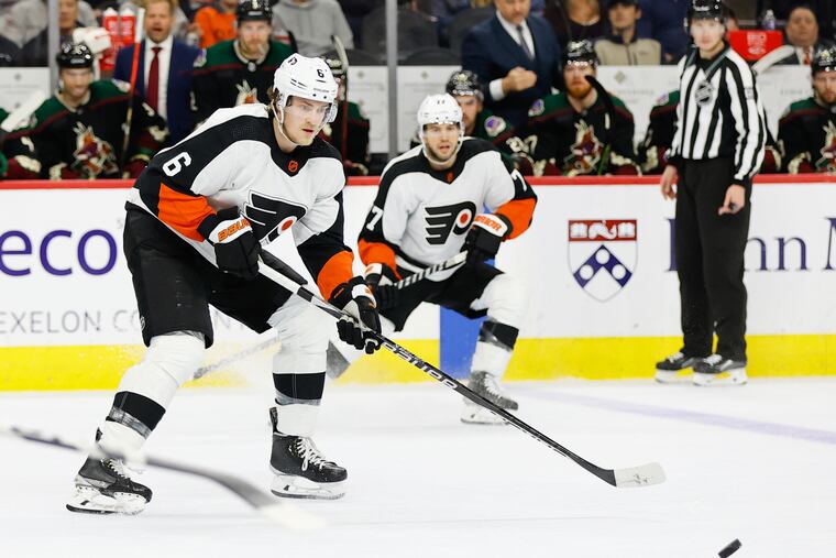 Flyers defenseman Travis Sanheim passes the puck against the Arizona Coyotes on Thursday.