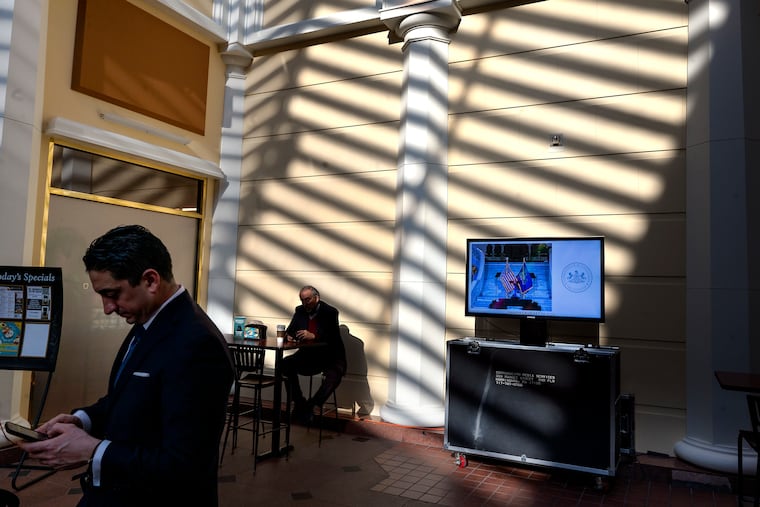 Television monitors are set up around the Capitol building in Harrisburg for overflow viewing of Gov. Josh Shapiro’s second budget address.
