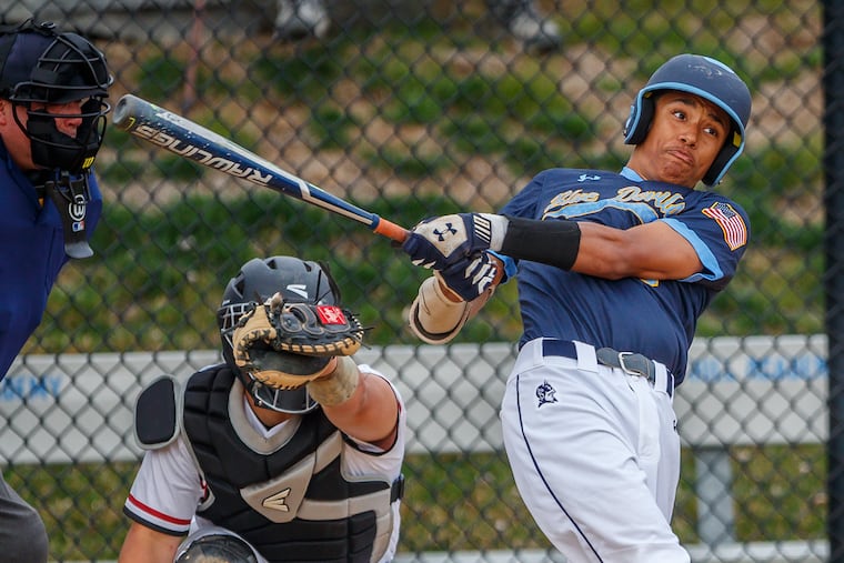 Scott Bandura, who plays baseball for Springside Chestnut Hill hits a long ball to the outfield in the first inning of their against Germantown Academy on April 9, 2019.