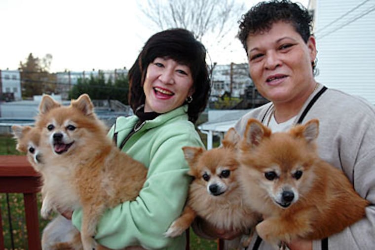 Suellen Kehler of Northeast Philadelphia was among 53 people, mostly extras, who had HIV and appeared in the 1994 movie, 'Philadelphia.' Today, she is the only one left still alive. Here, she is with her best friend, Hilda Hernandez, and their four dogs, at their Philadelphia home. (Sharon Gekoski-Kimmel / Staff Photographer)