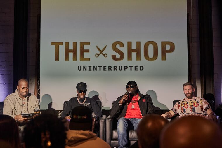 Former Eagles running back LeGarrette Blount talks during a panel discussion with Vernon Davis (left), Jerry Jeudy (second from left) and Julian Edelman (far right).