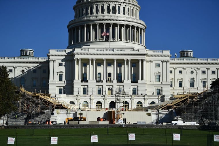 The presidential inaugural platform is under construction in front of the US Capitol as part of the West Front lawn is closed to the public November 9, 2020 on Capitol Hill in Washington, DC.