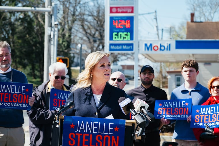 Janelle Stelson, running to represent Pennsylvania in Congress, campaigns at a gas station.