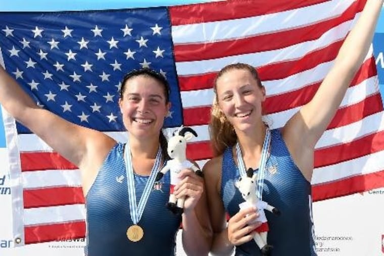 Alina Hagstrom (left) and Regina Salmons after winning the under-23 women’s pair rowing world championship in Poland in July 2018.