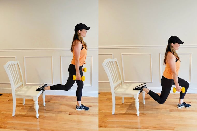 Ashley demonstrates a Bulgarian split squat.