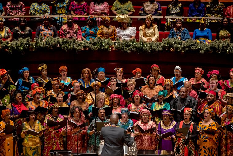J. Donald Dumpson conducts the Philadelphia Heritage Chorale onstage at the annual A Soulful Christmas communal gathering of regional choristers.