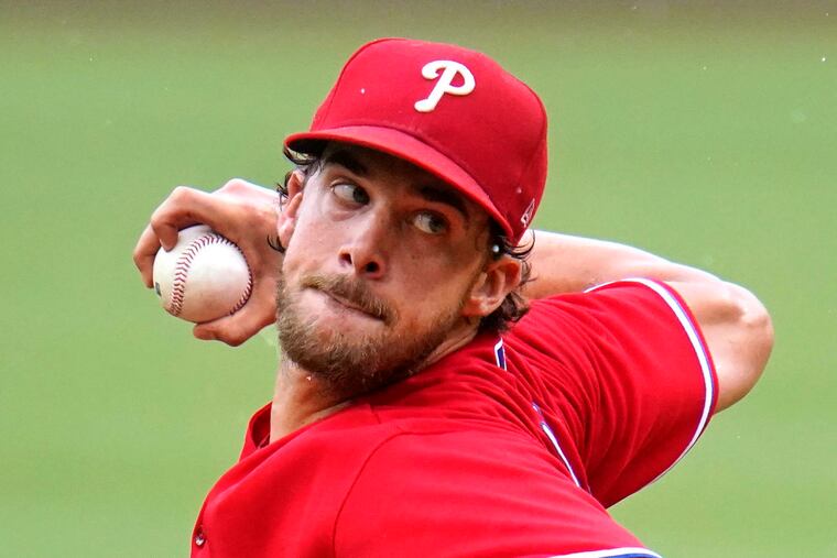 Philadelphia Phillies starting pitcher Aaron Nola delivers during the first inning of a baseball game against the Pittsburgh Pirates in Pittsburgh, Sunday, July 31, 2022. (AP Photo/Gene J. Puskar)