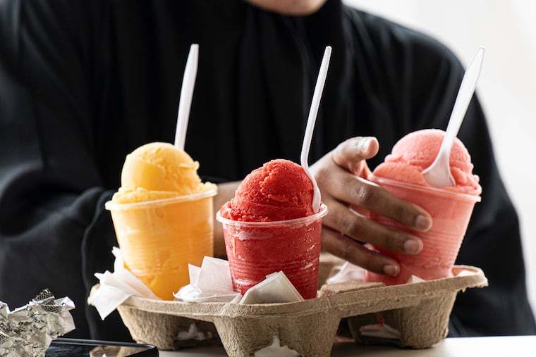 Customers line up for Italian ice on Thursday, April 16, 2026, at Tranzilli Real Italian Water Ice in Philadelphia.