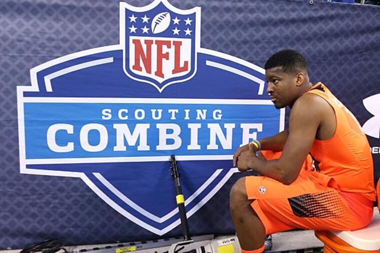 Florida State Seminoles quarterback Jameis Winston takes a rest during the 2015 NFL Combine at Lucas Oil Stadium. (Brian Spurlock/USA Today)