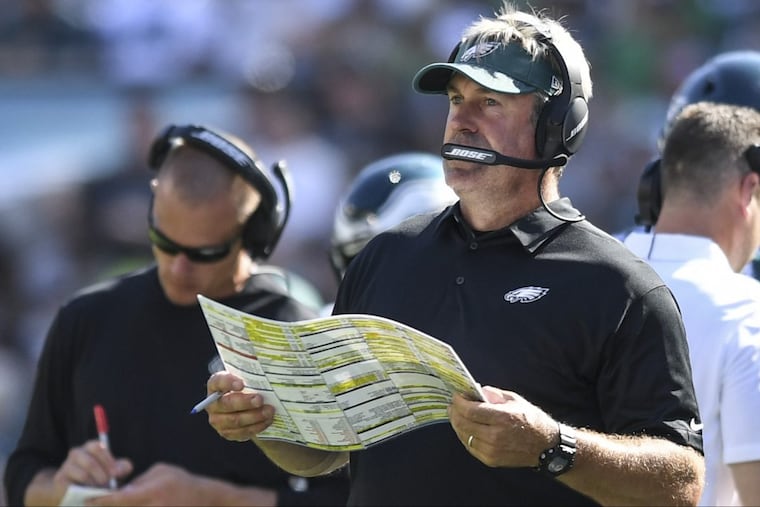 Eagles head coach Doug Pederson along the sidelines during game against the Giants at Lincoln Financial Field September 24, 2017. CLEM MURRAY / Staff Photographer