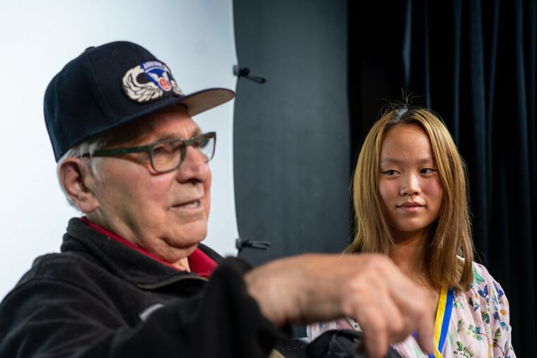 Atomic Vet Frank Russo tells his story on video to Drexel student Rachel Bliss in the Drexel Information Technology Department on June 3 for the Library of Congress Veterans History Project.
