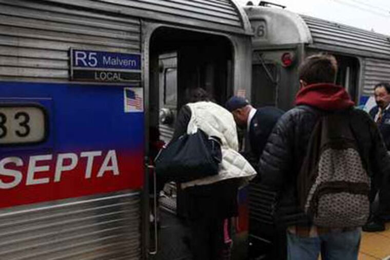 The west bound R5 Septa train stops at the Wayne station recently. Some want to change the 'R' designation for routes, saying it's confusing.(Laurence Kesterson / Staff Photographer)
